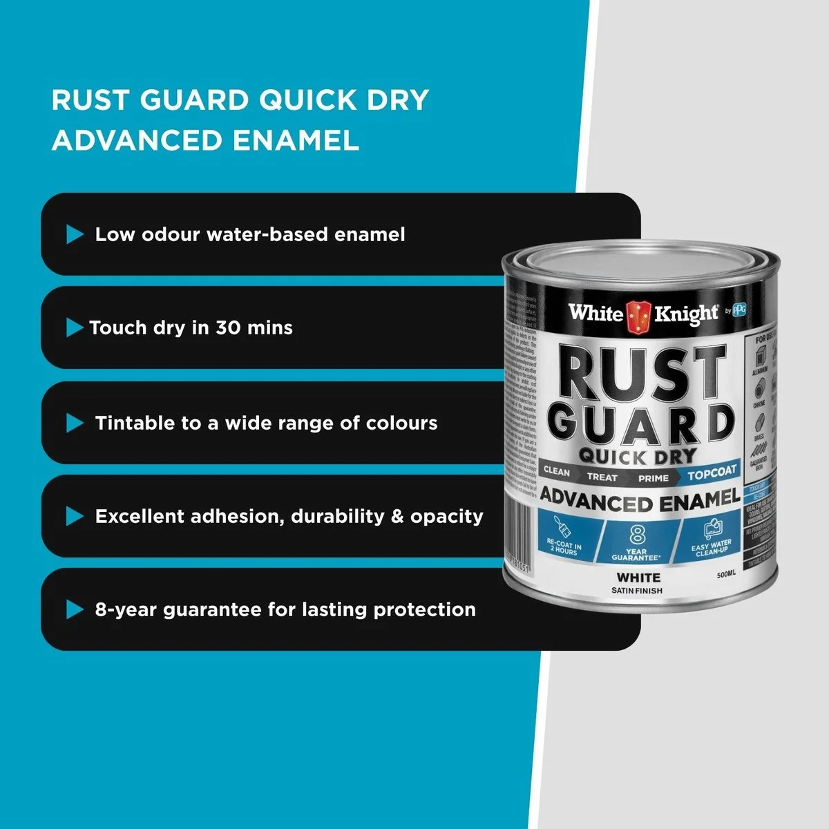 White Knight Rust Guard Enamel Paint - 500ml - White Satin - Quick Dry - Image 5