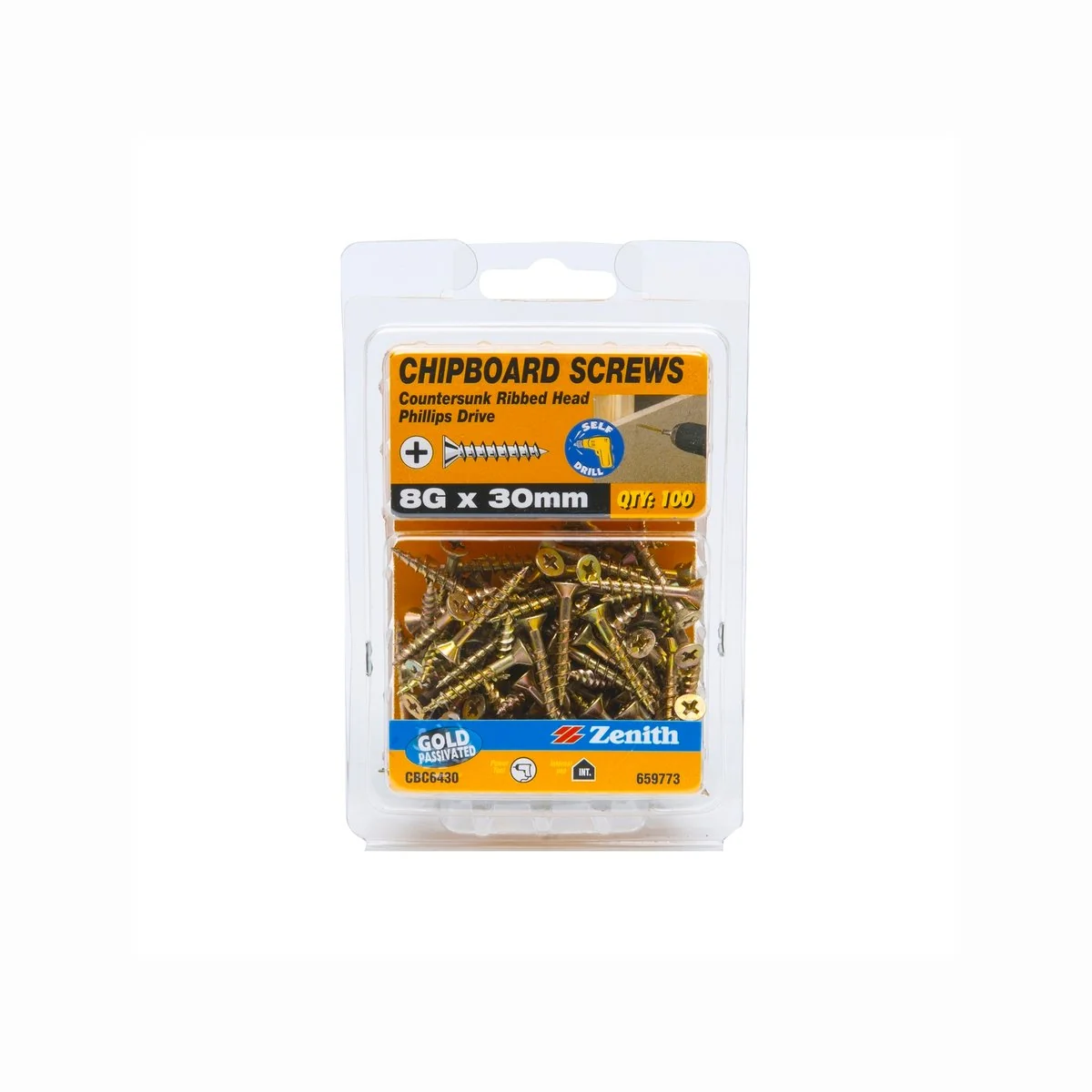 Zenith 8g Chipboard Screws - Countersunk Rib Head - 30mm - Gold - 100 Pack - Image 2
