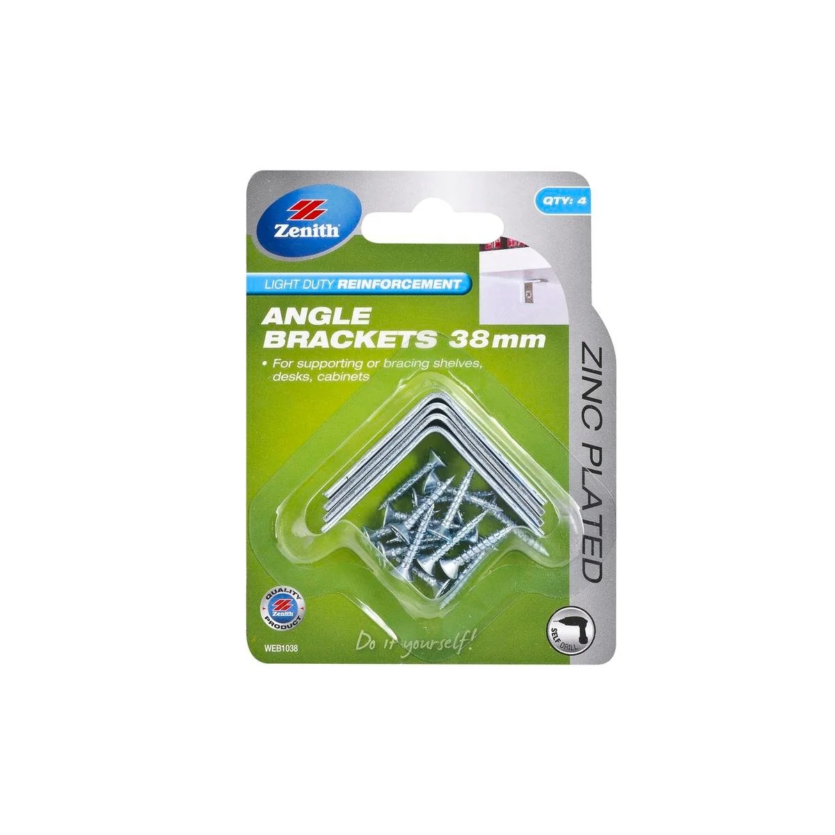 Zenith Angle Brackets - 38mm - Zinc Plated - Light Duty - 4 Pack