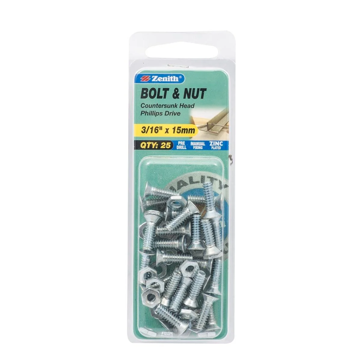 Zenith Countersunk Bolt & Nut - 3/16 x 15mm - Zinc Plated - 25 Pack