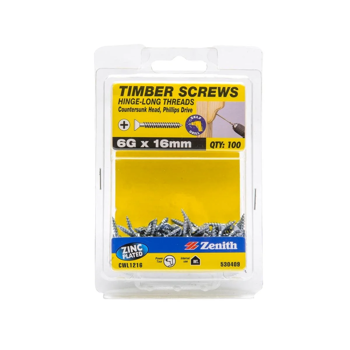 Zenith Hinge Long Thread Screw - 6g x 16mm - Zinc Plated - 100 Pack