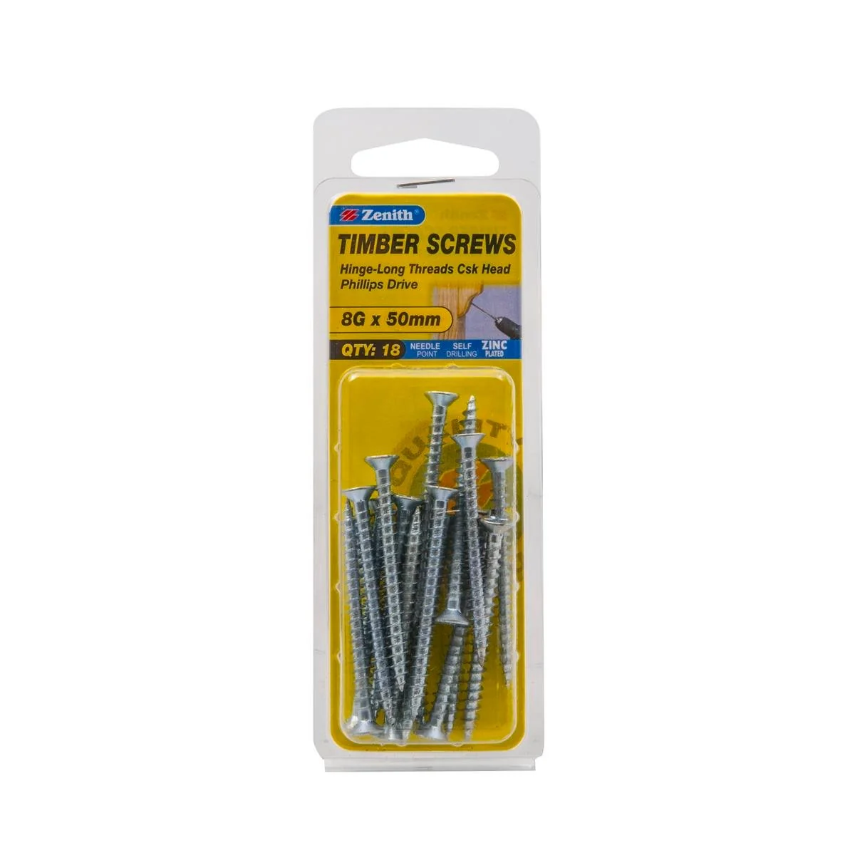 Zenith Hinge Long Thread Screw - 8g x 50mm - Zinc Plated - 18 Pack