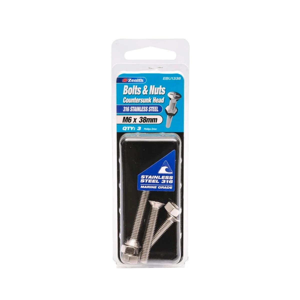 Zenith M6 x 38mm Stainless Steel Countersunk Head Bolt and Nut 3 Pack