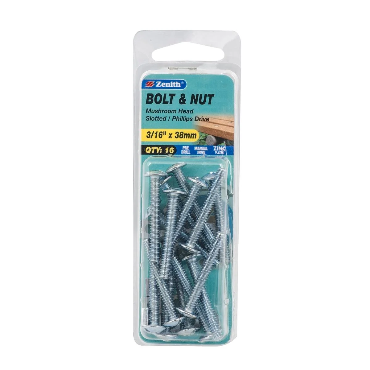 Zenith Mushroom Head Bolt & Nut - 3/16 x 38mm - 16 Pack - Zinc Plated