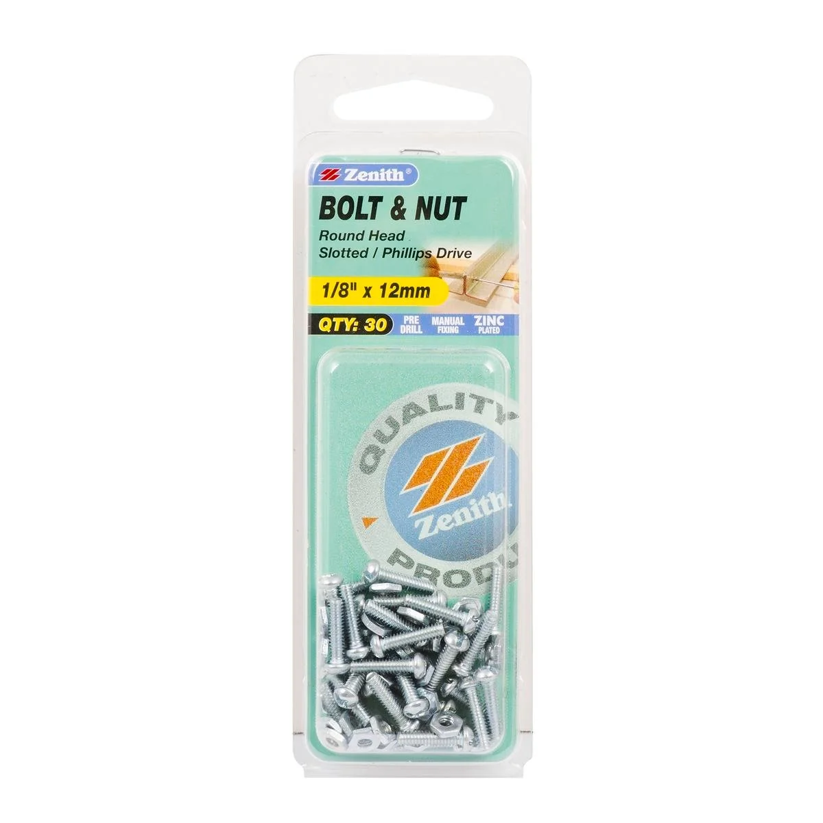 Zenith Round Head Bolt & Nut - 1/8 x 12mm - 30 Pack - Zinc Plated - Internal Use