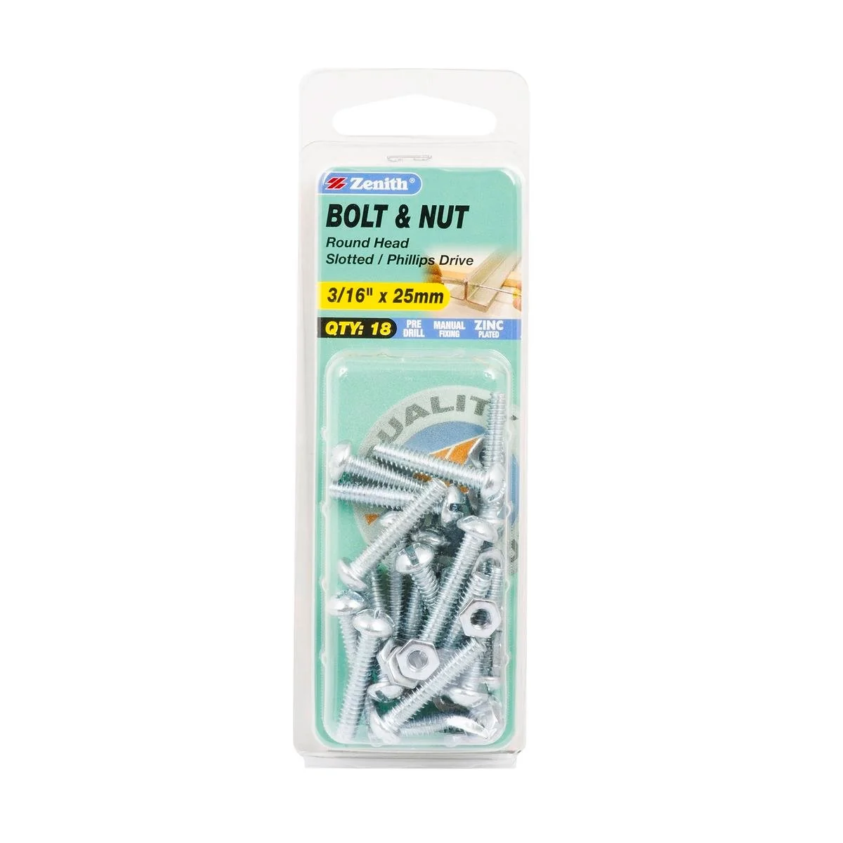 Zenith Round Head Bolt & Nut - 3/16 x 25mm - 18 Pack - Zinc Plated - Internal Use