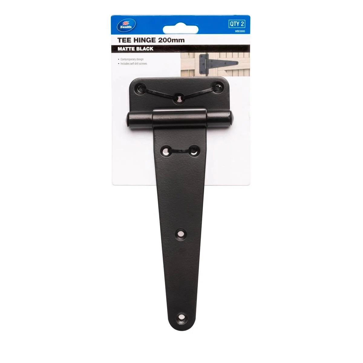 Zenith 200mm Matte Black Tee Gate Hinge 2 Pack - Heavy-Duty Steel