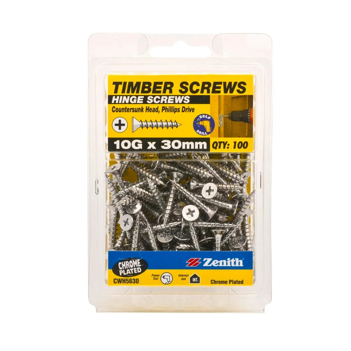 Zenith Timber Screw - 10G x 30mm - Chrome Plated - Countersunk Head - 100 Pack