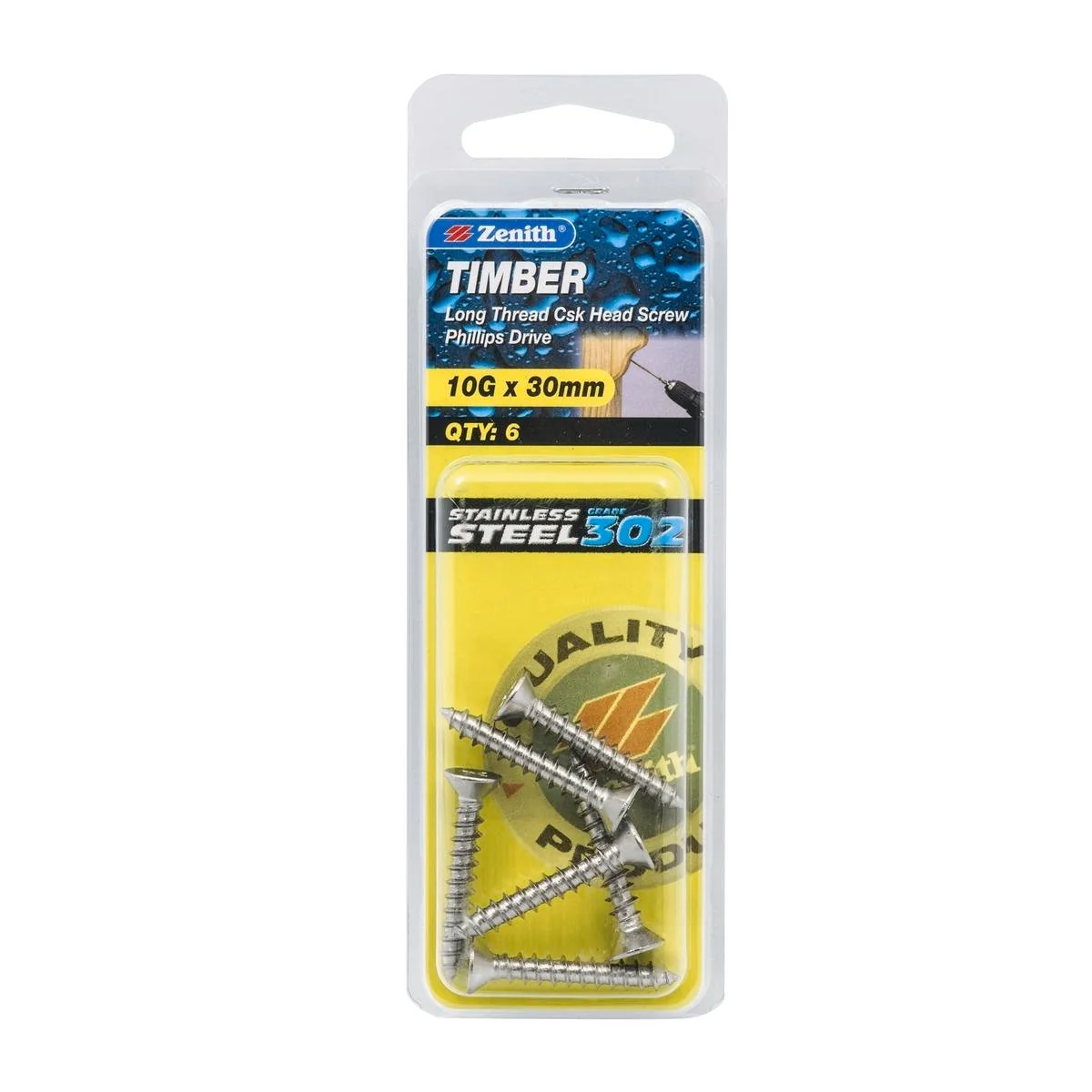 Zenith Timber Screws - 10g x 30mm - Stainless Steel - 6 Pack - Countersunk Head