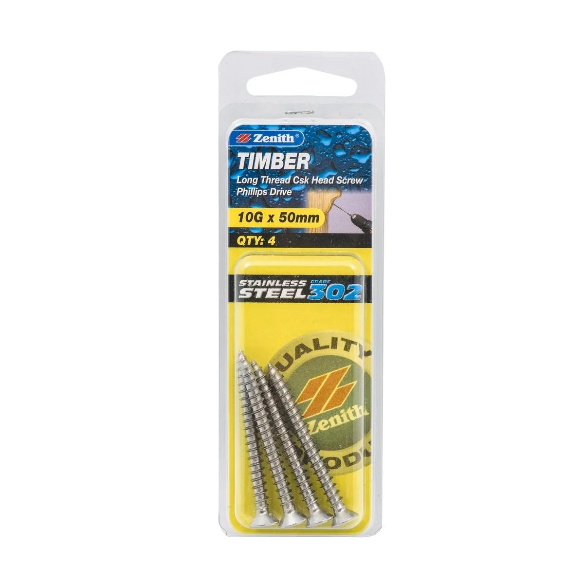 Zenith Timber Screws - 10g x 50mm - Stainless Steel - Countersunk Head - 4 Pack