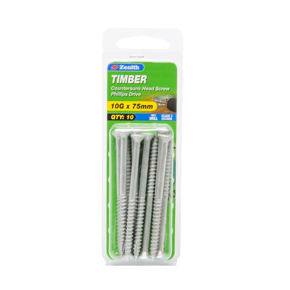 Zenith Timber Screws - 10g x 75mm Galvanised - Countersunk - 10 Pack
