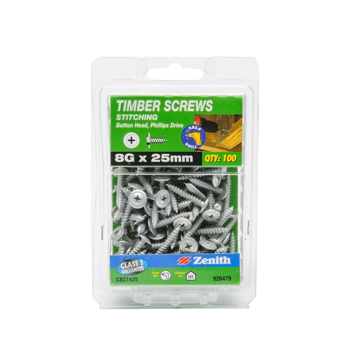 Zenith Timber Screws 8g x 25mm Galvanised Button Head 100 Pack